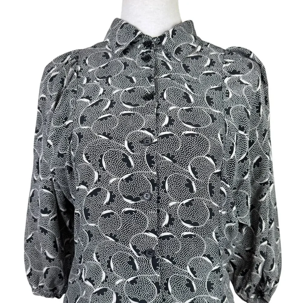 Maple Anthropologie 100% Silk Black White Print Tie Front Relaxed Fit Blouse